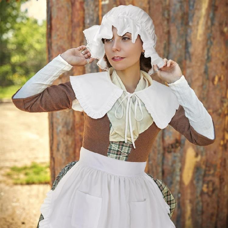 3 Pieces Halloween Colonial Costume Accessories Colonial Apron Pilgrim Costume Set White Mobs Caps Half Apron for Woman