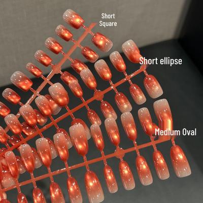 Red Gradient Cat Eye Wearable Nail Tips with Glass Beads - High-End Whitening Finish, Pre-made, 30 Pieces