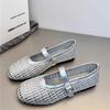 Women's Summer Weaving Casual Flats Shoes Comfortable Round Toe Cut-out Mary Jane with Straight Buckles Fishnet Sandals