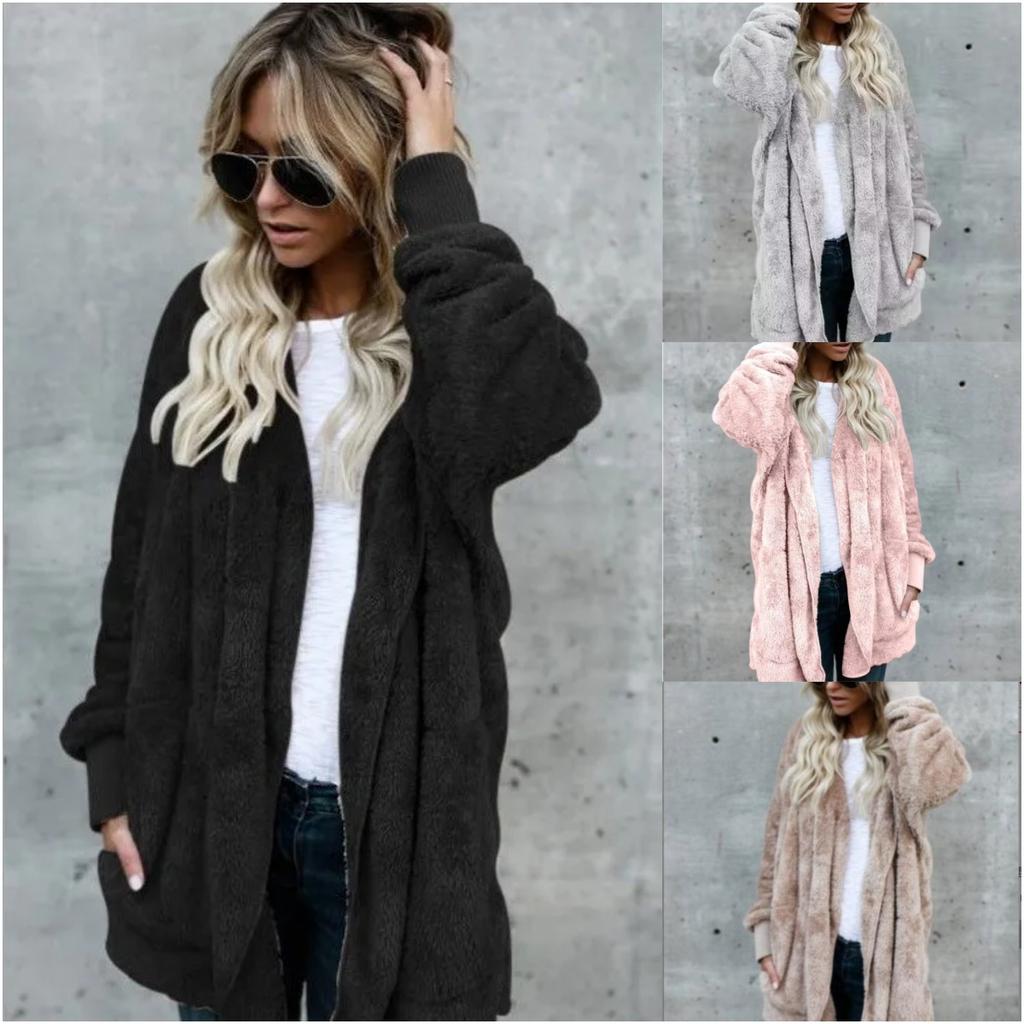 Double Fleece Cardigan Jacket for Women Autumn Winter Solid Color Long Sleeve Oversized Coat Plush Warm Hooded Ladies Coats