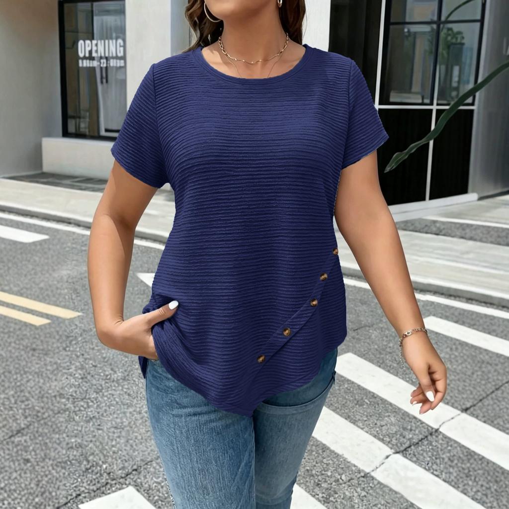 Women's Loose Fit Short Sleeve Casual T Shirt Asymmetric Hem Button Detail Lightweight Soft Fabric Comfortable Everyday Wear