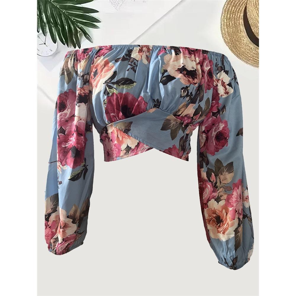 Women's long sleeves off-shoulder one-length neck lantern sleeve printed shirt