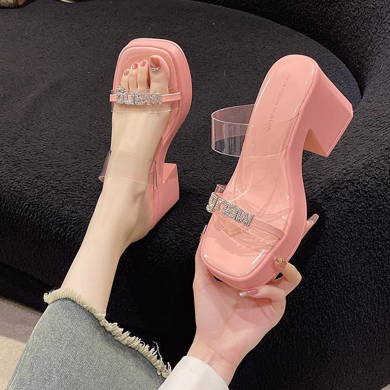 Thick-soled High-heeled Slippers for Women's Summer Outer Wear New Year's Transparent One-word with Rhinestone Thick Heel Premium Cool Slippers