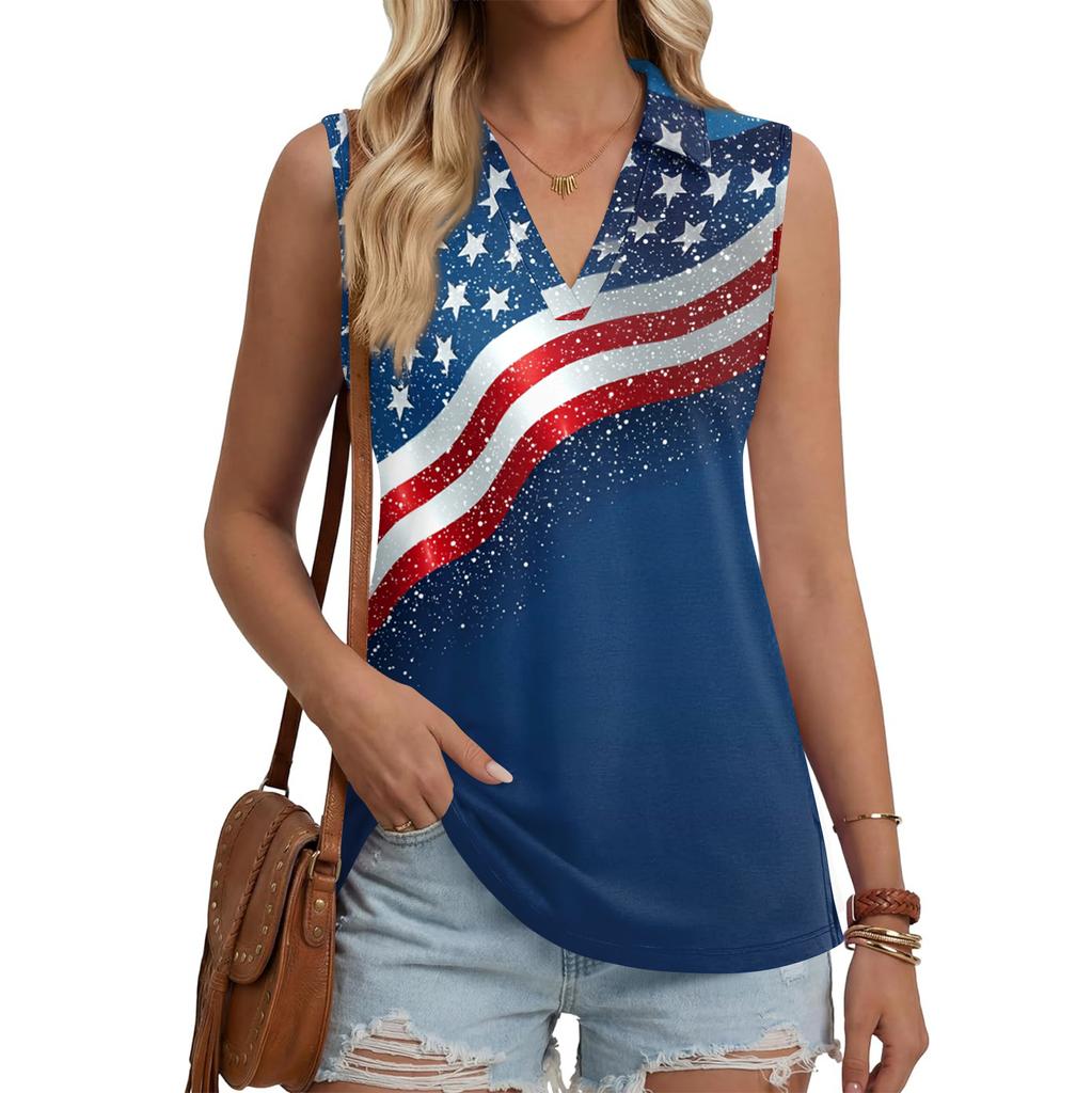 Womens Sleeveless Button Down V Neck Collared Top with Printed Pattern Casual Loose Fit Comfortable Tank Blouse for Summer