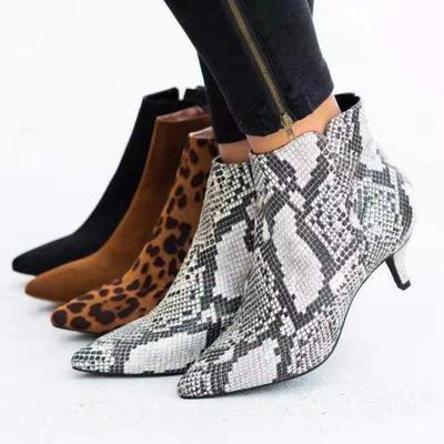 Autumn and Winter New Pointed Snake Pattern Martin Boots Women's Side Zipper Thin Heel High Heel Short Boots