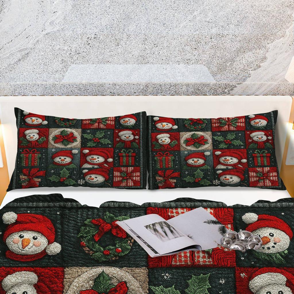 3pcs Festive Snowman & Holly Checkered Duvet Cover Set - Cozy Christmas Bedding with Zipper Closure, Machine Washable
