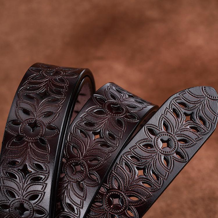 Women'S Hollow Belt Pin Buckle Yellow Cowhide Belt Casual Pinhole Belt