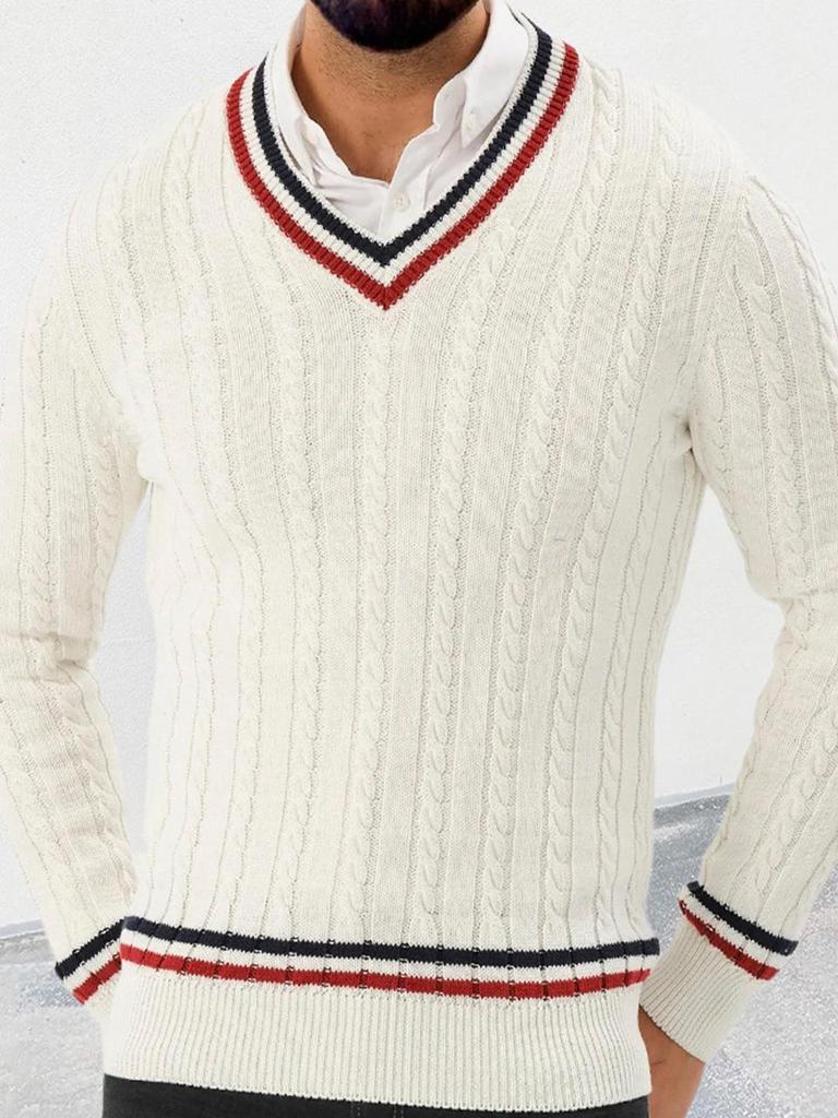 Men's Slim-Fit V-Neck Color-Block Pullover Knitted Sweater - Autumn/Winter Street Style