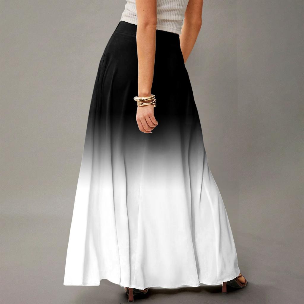 Damen Lässig Freizeit Faltbar Farbverlauf Druck Hohe Taille Mit Tasche Drapierter Entspannter Langer Maxi Rock