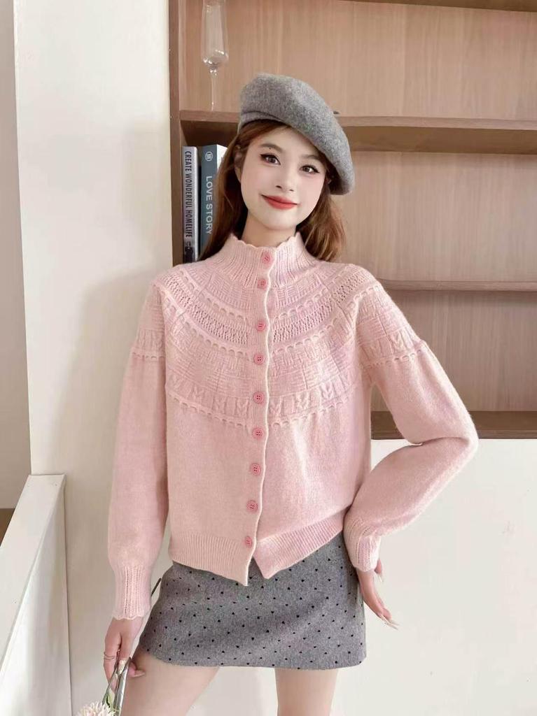 Petite Women's Ruffle Jacquard Half-High Collar Knit Cardigan - Retro French Autumn Style