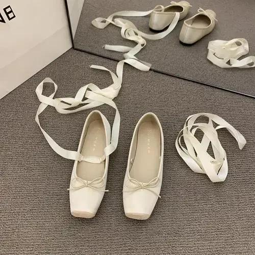 New Women Bow Tie Cross Ballet Flats Shallow Female Sweet Dancing Mary Jane Square Toe Ladies Single Shoe Party Outside