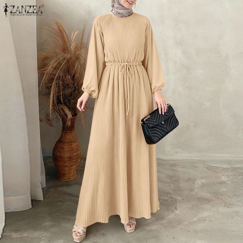 ZANZEA Abito casual da donna con scollo rotondo e maniche lunghe, ampio e plissettato