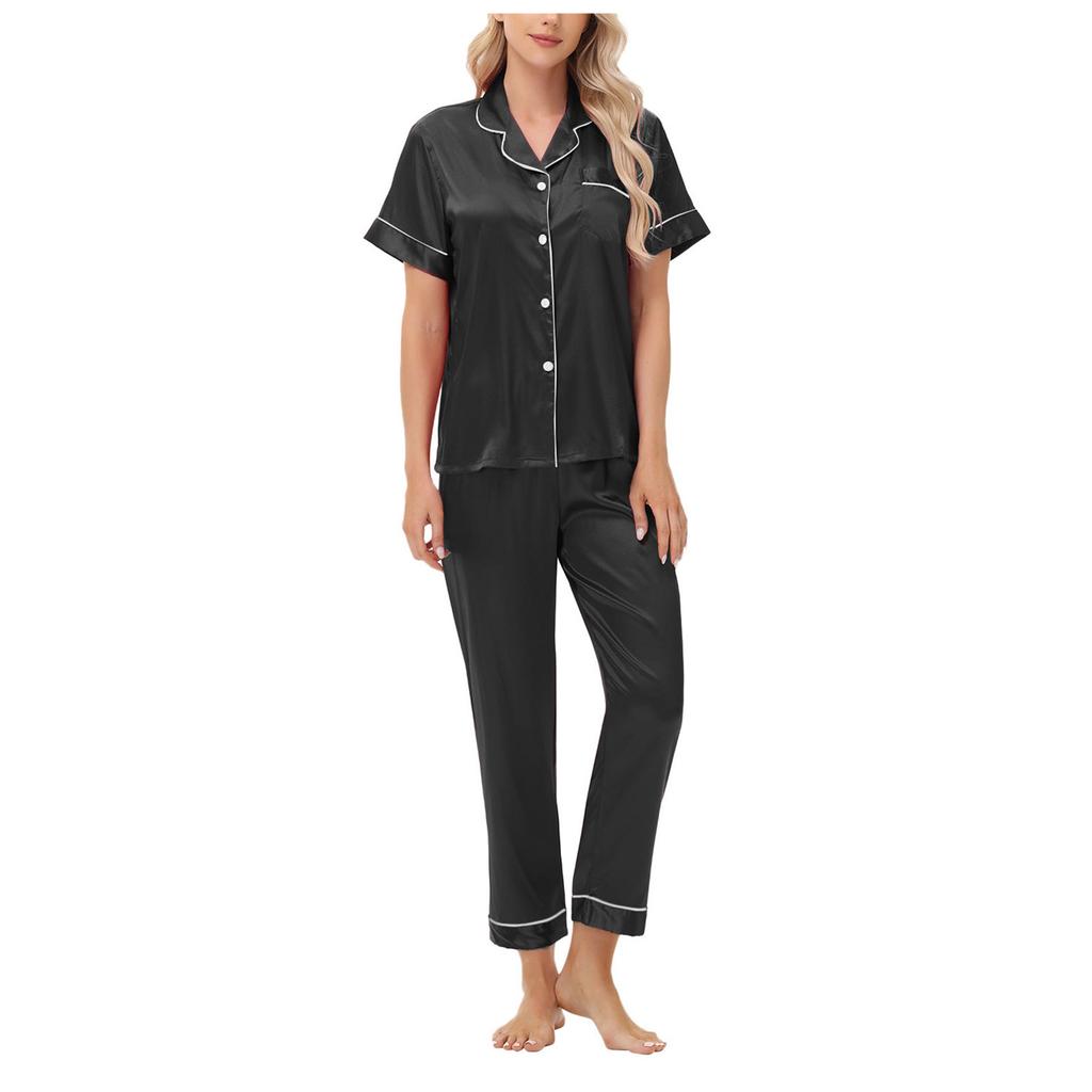Amazon Independent Station Eisseiden-Pyjama Satin-Set Kurzarm Lange Hose Übergröße Damen Loungewear