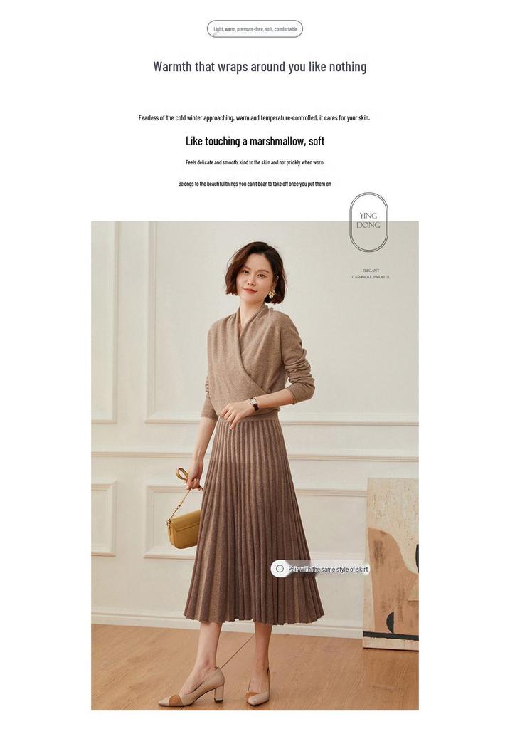 Elegant Slim-Fit Cross V-Neck Cashmere Knit Sweater - Women's Autumn Solid Color Pullover