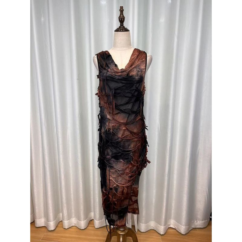 

Fashion Original Order Swing Collar Fashion Sexy Tie-Dye Tassel Split Dress Female 2024 New Arrival Figure color 3XL