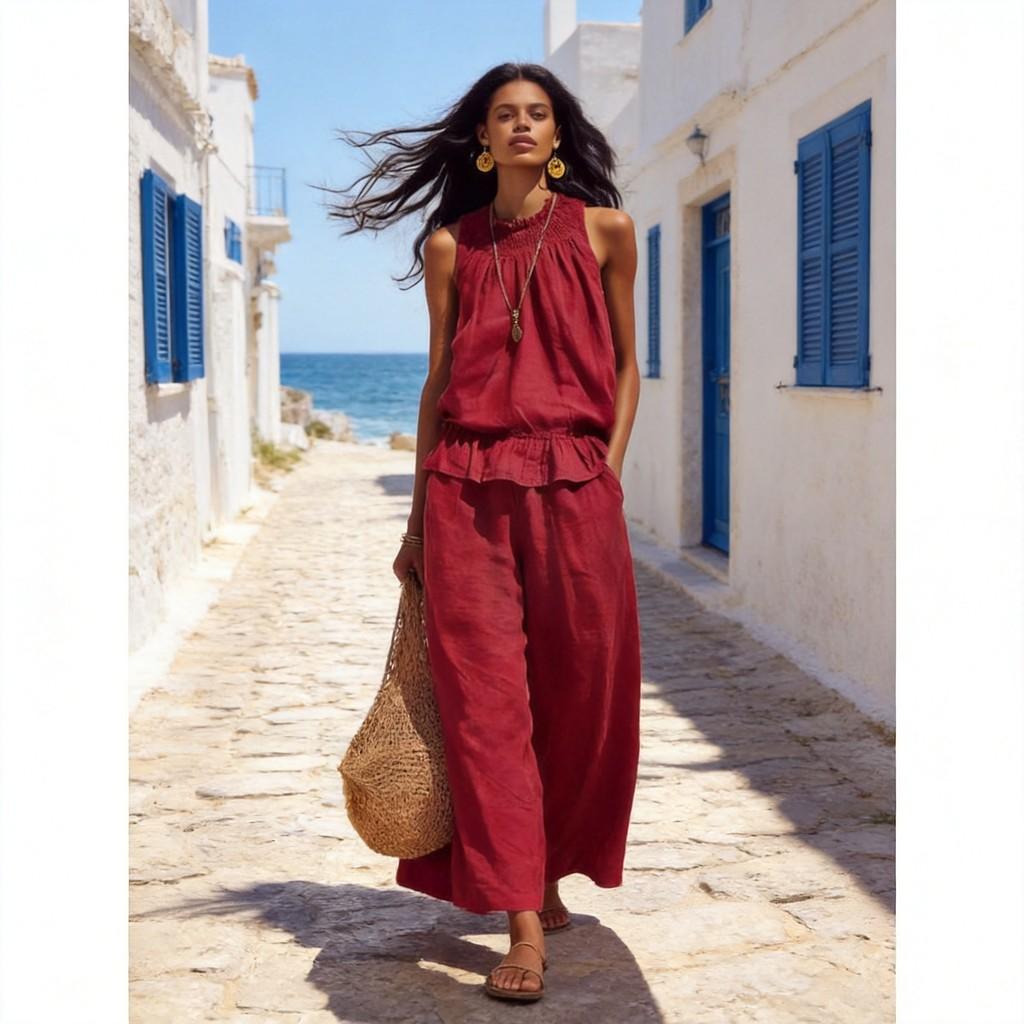 Bohemian Style Womens Sleeveless Twopiece Set With Polyester Fabric For Casual Summer Wear