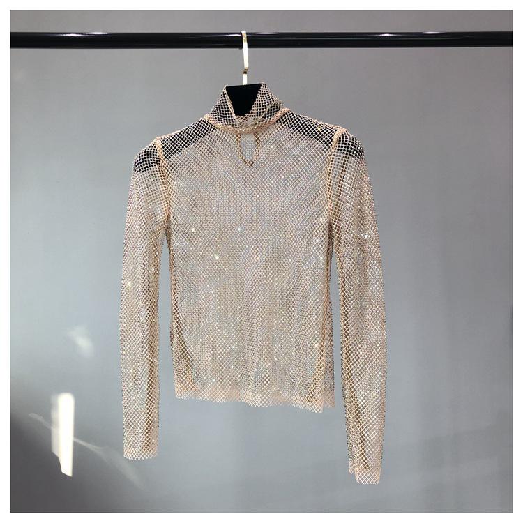 European & American Autumn/Winter Mesh Diamond High Collar Sexy Top - Versatile Fairy-Inspired Perspective Bottoming Shirt for Women