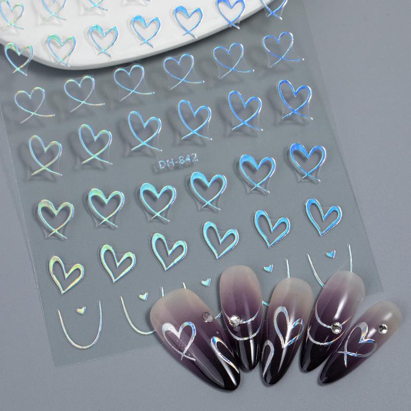 1 Sheet Nail Art Stickers 3D Cute Heart White Gold Silver Lines Love Heart Nail Decals Diy Adhesive Slider Manicure Decorations