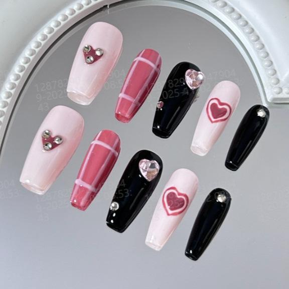 Love Heart Rhinestone Hand-Painted Plaid Press-On Nails - High-End Handmade Manicure Patches