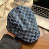 Plaid denim forward hat beret female reverse wearing washed retro big head circumference painter hat spring and autumn women's