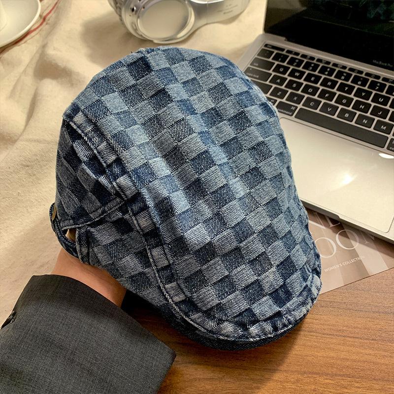Plaid denim forward hat beret female reverse wearing washed retro big head circumference painter hat spring and autumn women's