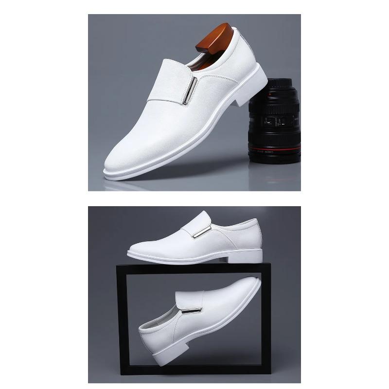 Men's Elevating Dress Shoes British Style Pointed Toe Cowhide Leather Soft White Formal Business Footwear