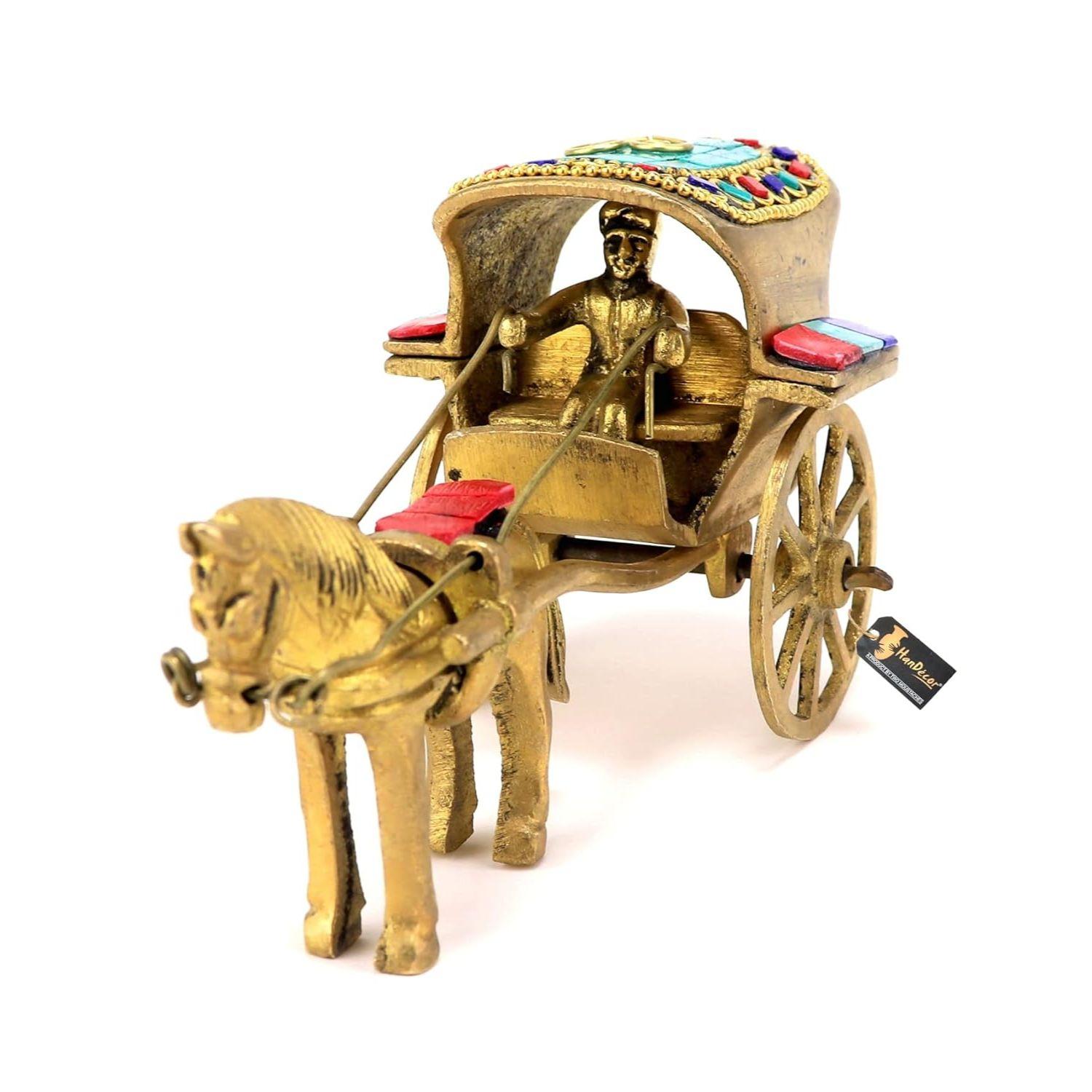 Two Moustaches Gemstone Work Brass Horse Cart Replica Decor Showpiece, Royal Vintage Miniature Home & Office Decor