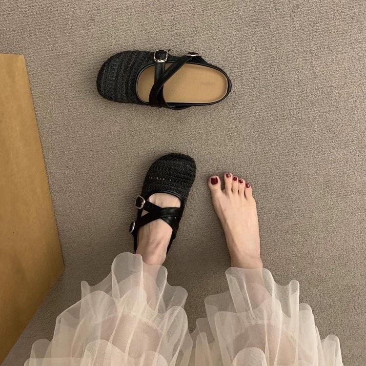 Cross-woven hollow breathable bag head half-drag women's outer wear 2025 spring and summer new thick soft bottom cool slippers