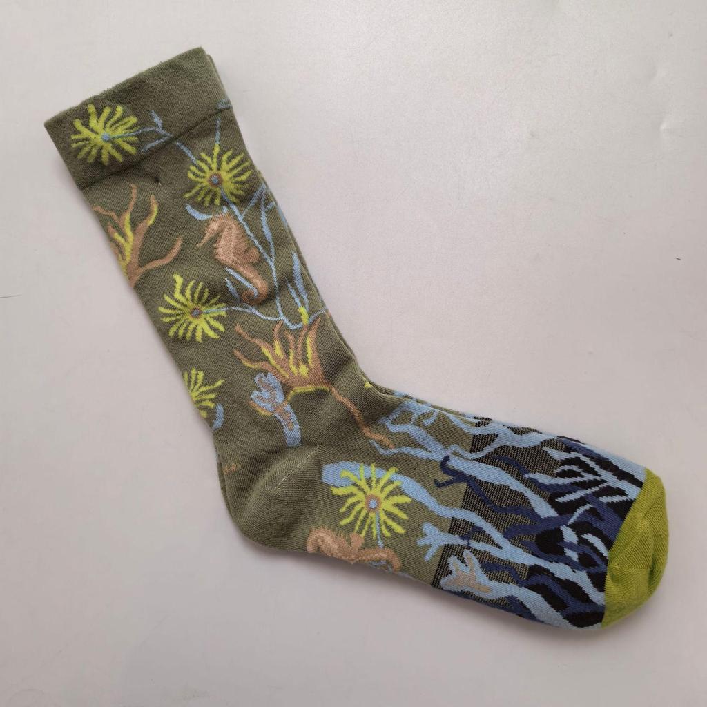 French Artistic Oil Painting Series: Colorful Trendy Mid-Calf Cotton Socks for Women