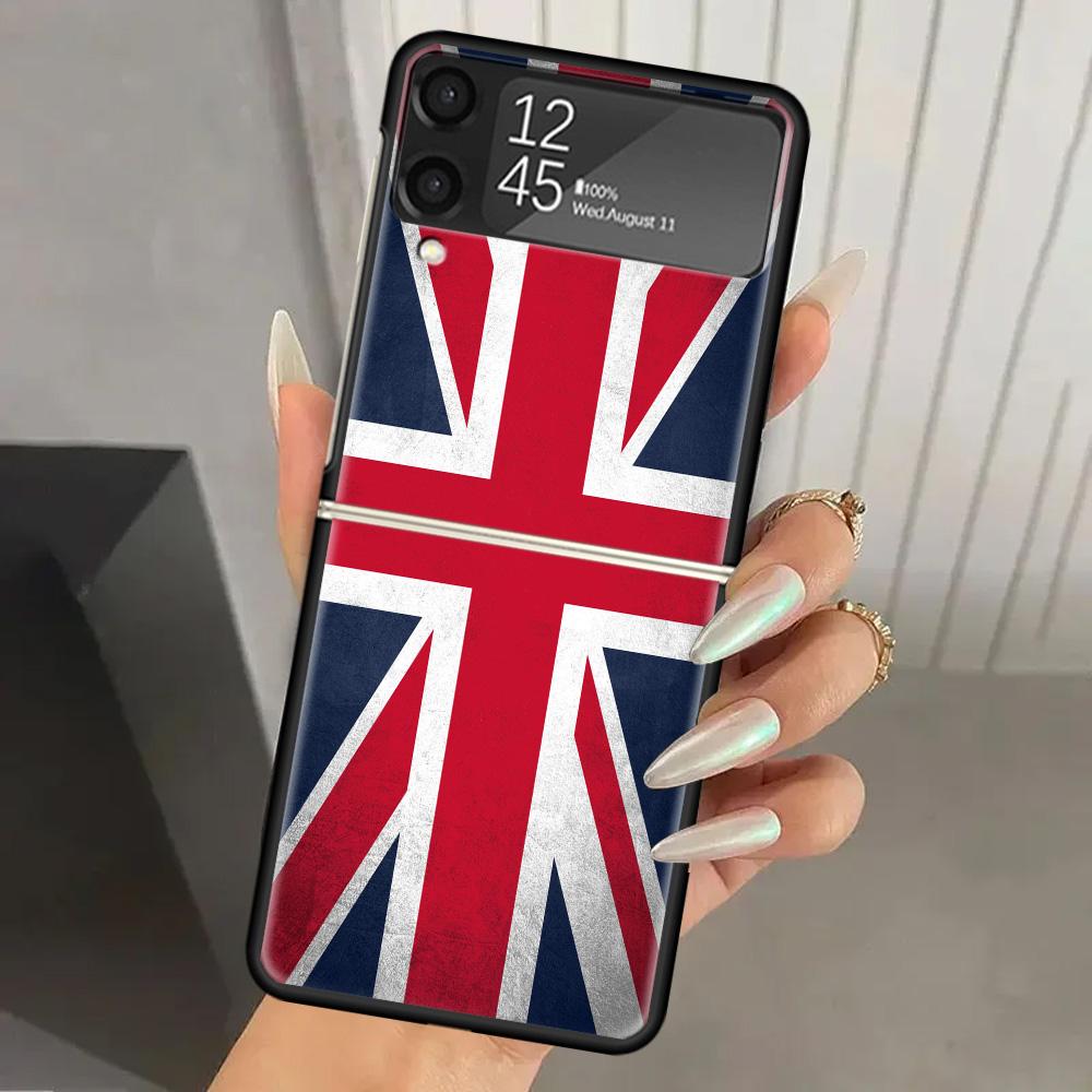 Union Jack England UK Flag Hard PC Phone Case For Samsung Galaxy Z Flip 7 6 5 4 3 Black ZFlip7 ZFlip6 Flip5 Flip4 Flip3 5G Print
