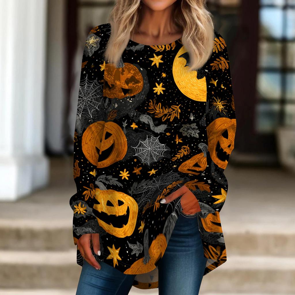 Women's Long Sleeve Halloween T-Shirt Loose Fit Crewneck Casual Print Top