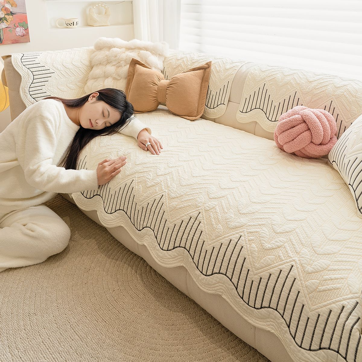

Soft Washed Cotton Sofa Mat Three Dimensional Quilting Technology Dustproof Couch Cushion Alien Border Non-slip Cover Towel Living Room Decoration 45*45 pillowcase