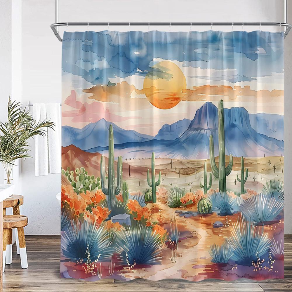 Cactus Cartoon Shower Curtain Desert Green Plant Watercolor Boho Vintage Bathtub Curtain with Hook Home Decorations for Bathro