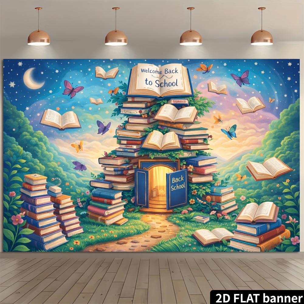 Bannière Plate 2D - Bannière Thème Saison Scolaire - Tissu de Fond avec Motif Château de Livres, présentant des livres flottants.