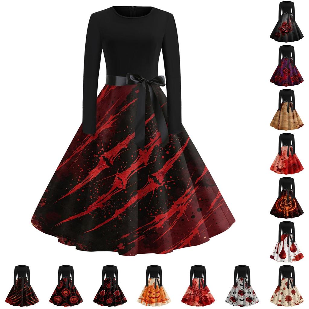 Women's Retro Halloween Print Long Sleeve Neck Casual Dress for Fall Party