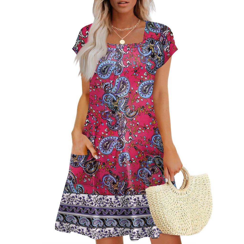 Summer Dresses For Women Loose Square Neck Cap Sleeve Casual Beach Vacation Tshirt Dress Sundresses With Pockets