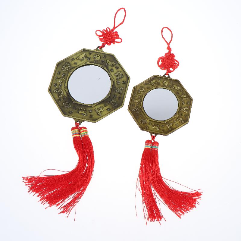 Chinese Feng Shui Yin Yang Bagua Mirror with Red Tassel Zodiac Carvings Housewarming Gift for Good Fortune Luck