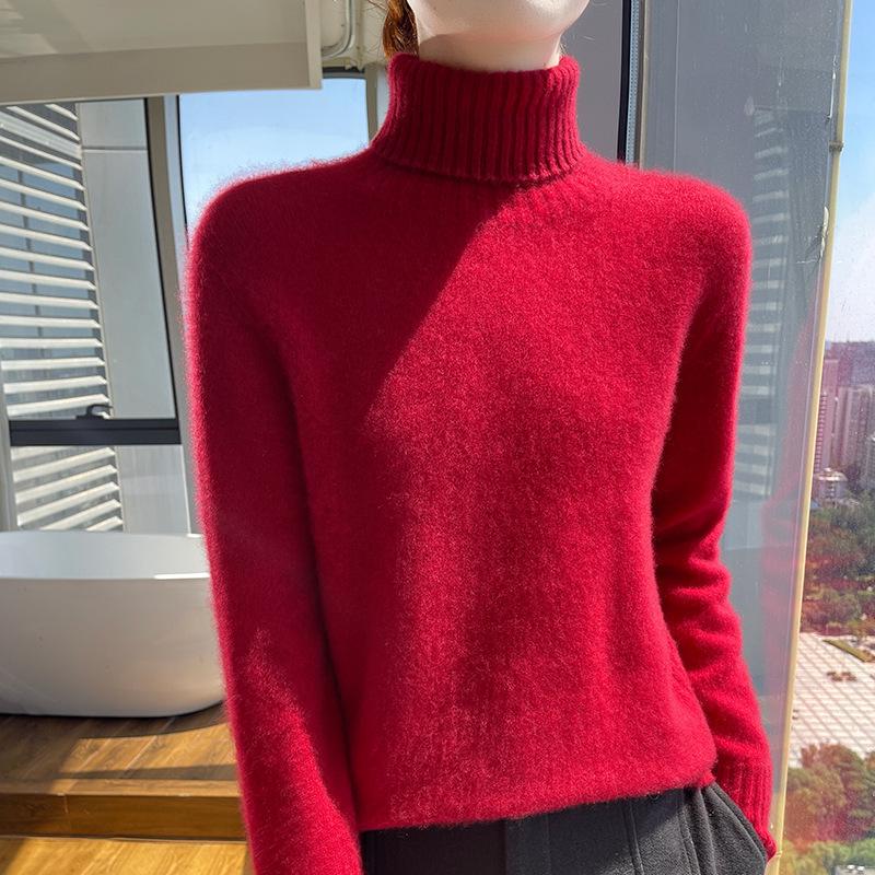 Women's Heavyweight Pure Wool High Neck Sweater - Long Sleeve Cashmere Knit, Perfect for Autumn and Winter