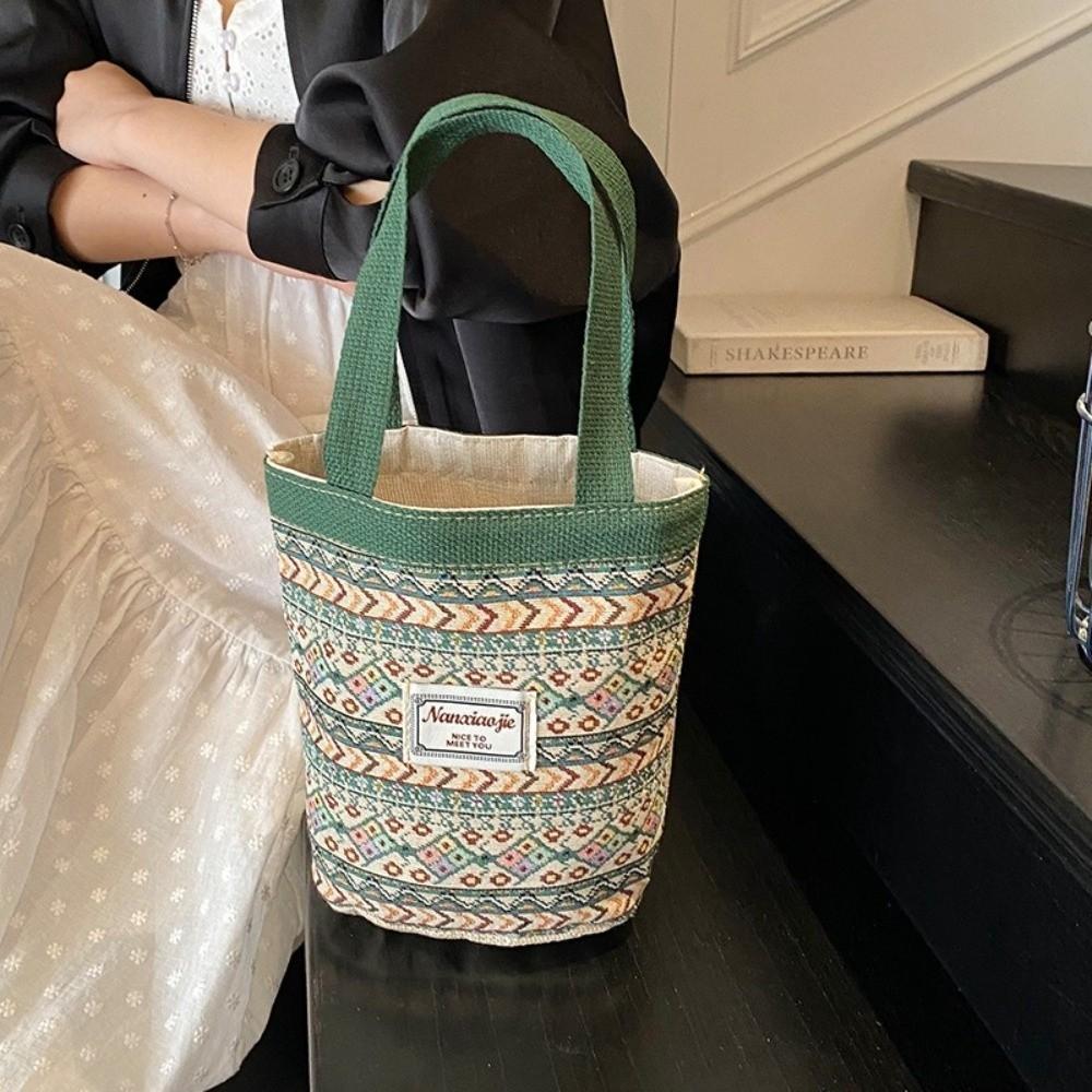 Casual Hand-Carrying National Style Tote Bag Linen Flower Printed Bohemian Handbag Lightweight Lunch Bag Women