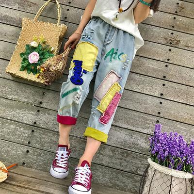 Damen Sommer Dünne Denim 9/10 Hose - Patchwork Stickerei, Elastischer Bund, Distressed Löcher, Kontrastfarbe, Übergröße Harlan Karottenjeans