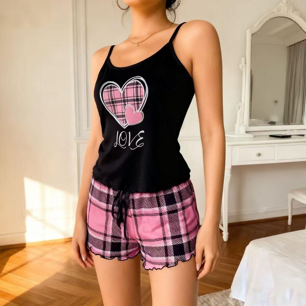 Homewear Two Piece Nightwear Love Heart Cami Shorts Pajamas Kawaii Women's Pajamas Set  Women