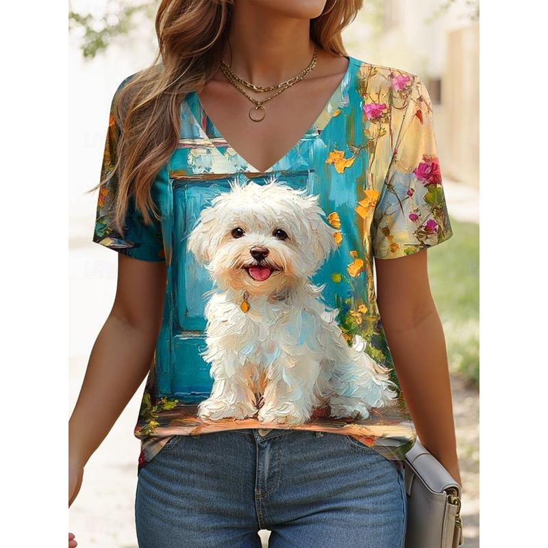 Women's T Shirt Graphic Animal Dog Vintage Stylish Casual Short Sleeve V Neck Regular Tops