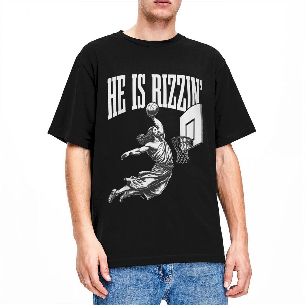 Summer Men Women He Is Rizzin Funny Jesus Basketball Meme T Shirts Easter Christ Faith 100% Cotton Tops T-shirt Tees