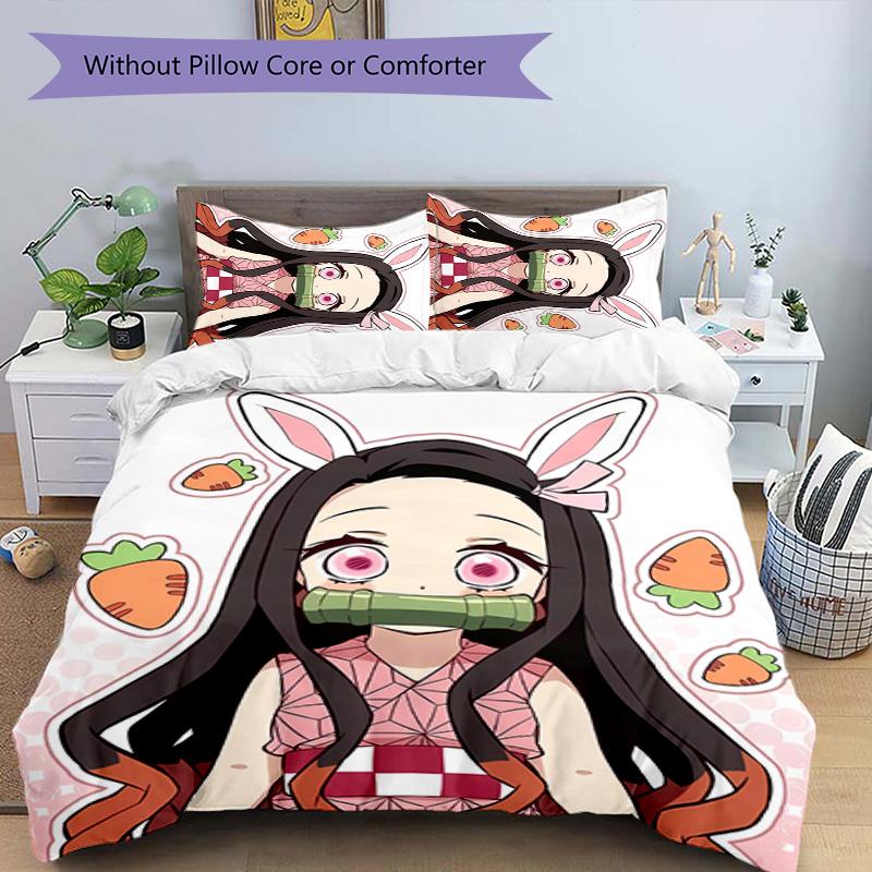 3pcs Demon Slayer Nezuko2 Pattern Bedding Set Duvet Cover Set Includes Duvet Cover &pillowcases, Perfect All Season Bedroom Decoration & Gift