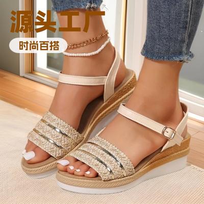 Stroh Strass Flash Keilabsatz Plateau Sandalen 2024 Sommer neu einfach und bequem Mode Schnalle High Heels