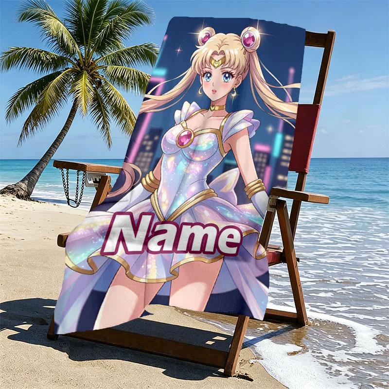 Custom Name Personalized Sailor Moon Print Beach Towel, for Trip Camping Beach Party Home Decor, Birthday Gift for Family & Friends