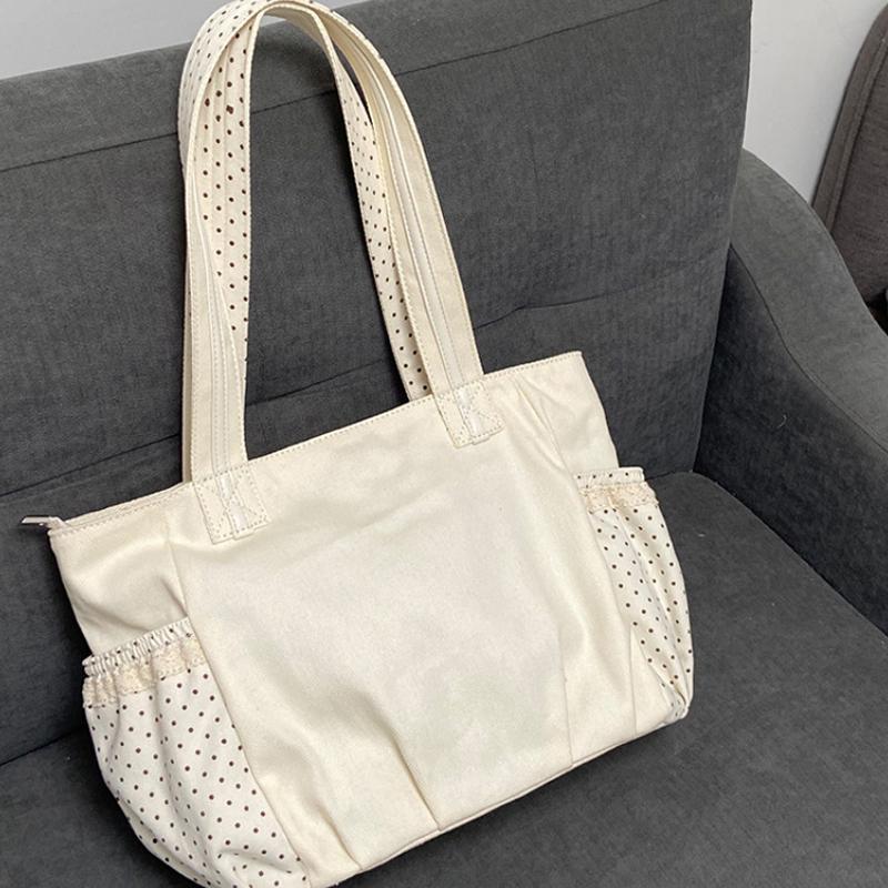 Borsa Tote in Tela a Pois con Decorazione Fiocco di Pizzo Grande Capacità Borsa a Spalla Casual Stile Vintage Carina Borsa a Mano per Pendolari Quotidiani