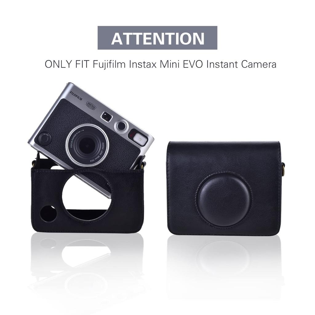 Rieibi Mini EVO Case Retro PU Leather Protective Case for Fujifilm Instax Mini EVO Instant Camera Detachable Case with Adjustable Shoulder Strap Black