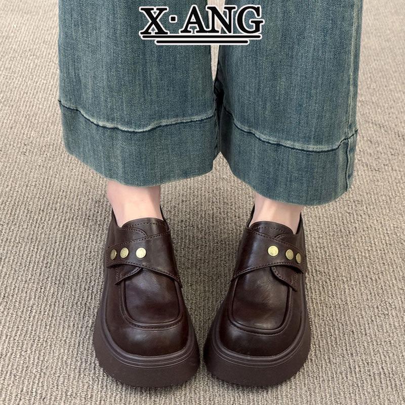 Leather brown small leather shoes platform heightening women's autumn new Mary Jane shoes Velcro single shoes