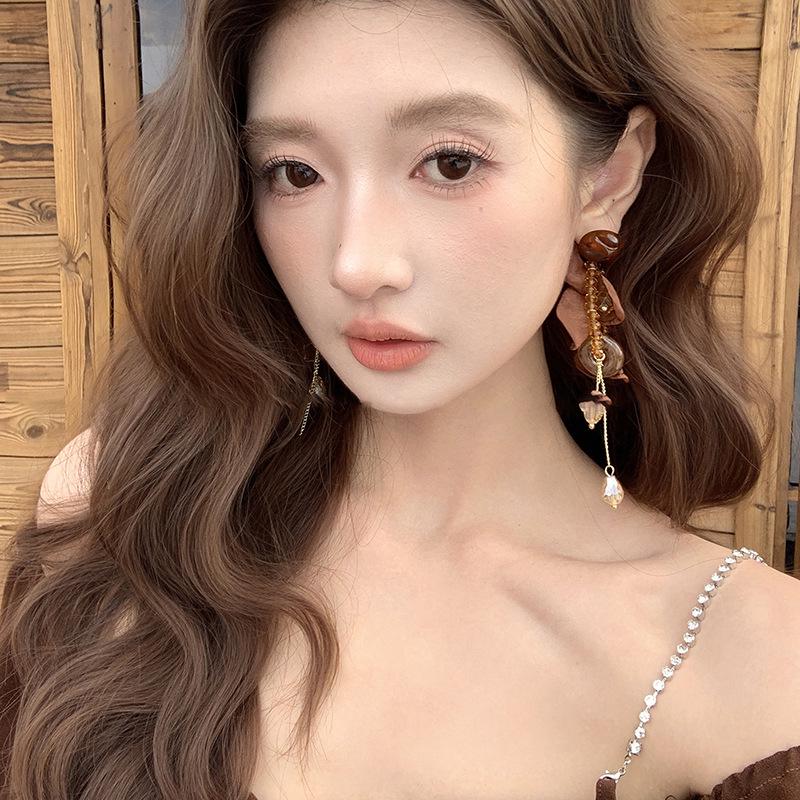 Boucles d'oreilles Puce Fleur en Mousseline Aiguille d'Argent Pompon en Résine Rétro Y2K - Bijoux de Niche Haut de Gamme